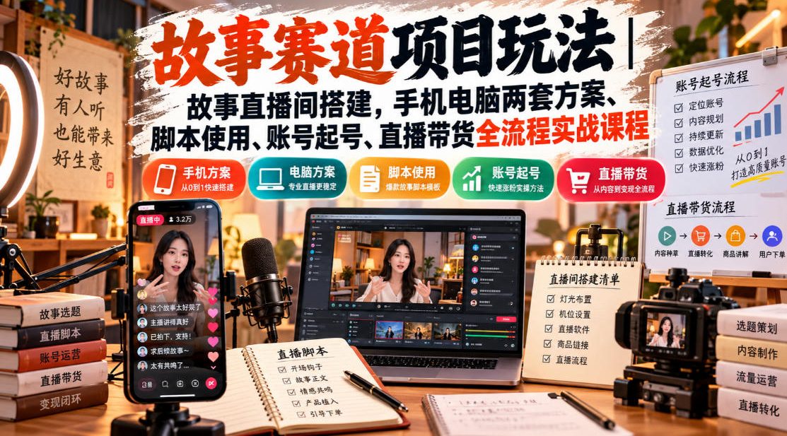 故事赛道项目玩法|故事直播间搭建,手机电脑两套方案、脚本使用、账号起号、直播带货全流程实战课程-资源社