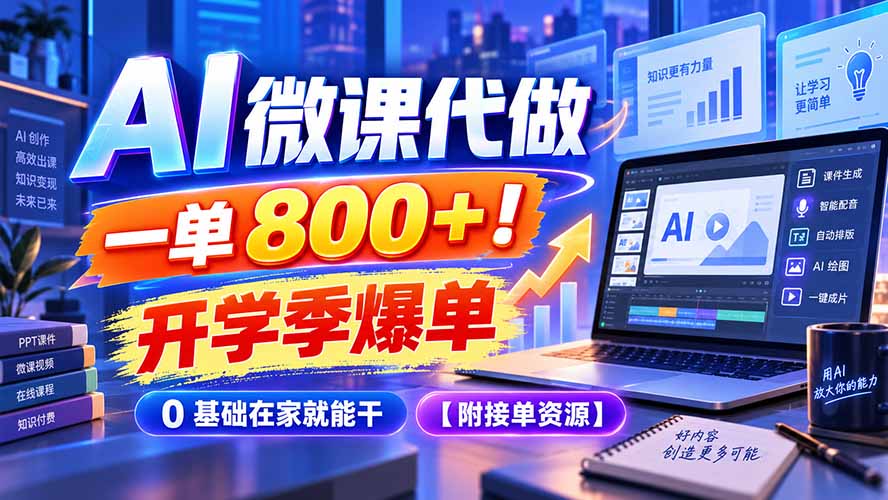 AI 微课代做,一单 800+!开学季爆单,0 基础在家就能干【附接单资源】-资源社