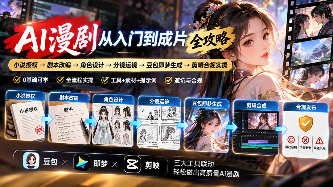 AI漫剧从入门到成片全攻略：小说授权→剧本改编→角色设计→分镜运镜→豆包即梦生成→剪辑合规实操-资源社