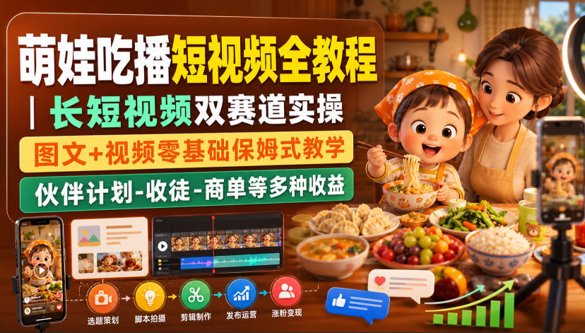 萌娃吃播短视频全教程｜长短视频双赛道实操，图文+视频零基础保姆式教学，伙伴计划-收徒-商单等多种变现方式-资源社