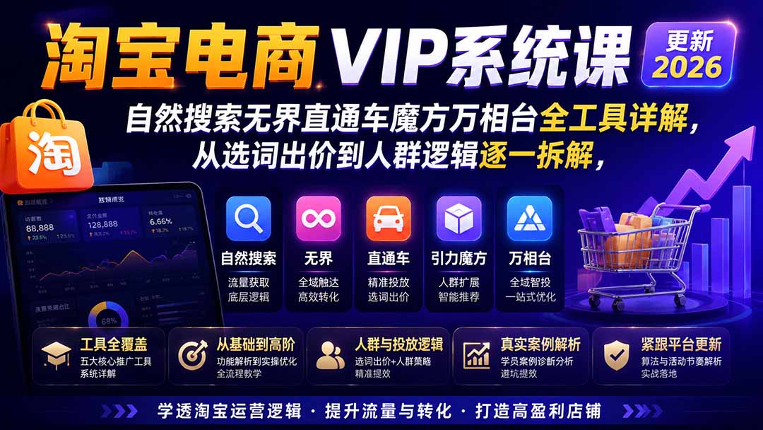 淘宝电商VIP系统课-更新8月;自然搜索无界直通车魔方万相台全工具详解,从选词出价到人群逻辑逐一拆解-资源社