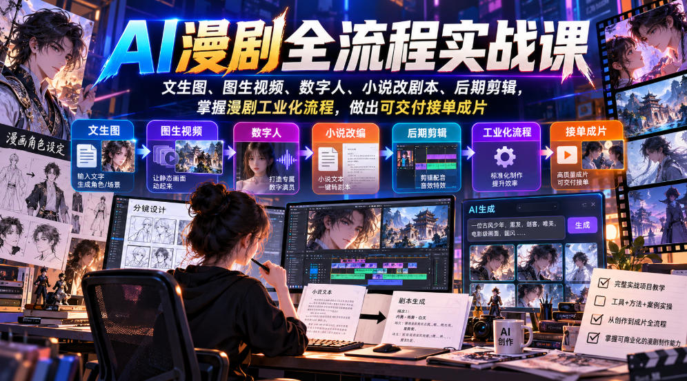 AI漫剧全流程实战课,文生图、图生视频、数字人、小说改剧本、后期剪辑,掌握漫剧工业化流程,做出可交付接单成片-资源社