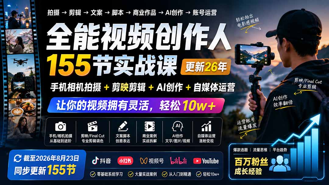 全能视频创作人155节实战课-更新26年8月:手机相机拍摄+剪映剪辑+AI创作+自媒体运营,让你的视频拥有灵活,轻松10w-资源社