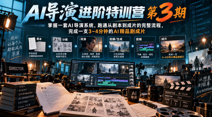 AI导演进阶特训营第3期,掌握一套AI导演系统,跑通从剧本到成片的完整流程,完成一支3~4分钟的AI精品剧成片(附1、2期)-资源社