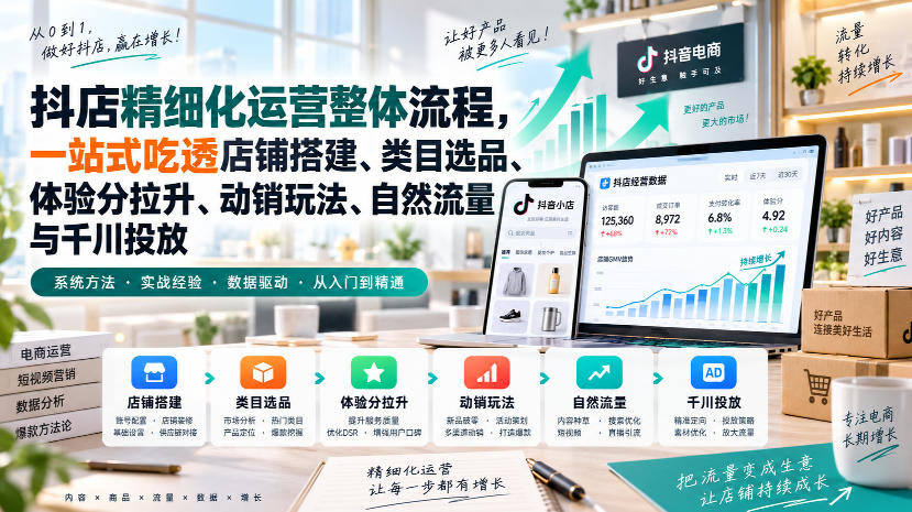 李哥电商-抖店精细化运营整体流程，一站式吃透店铺搭建、类目选品、体验分拉升、动销玩法、自然流量与千川投放-资源社