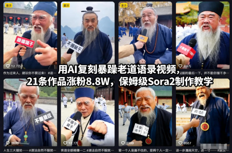 用AI复刻暴躁老道语录视频,21条作品涨粉8.8W,保姆级Sora2制作教学-资源社