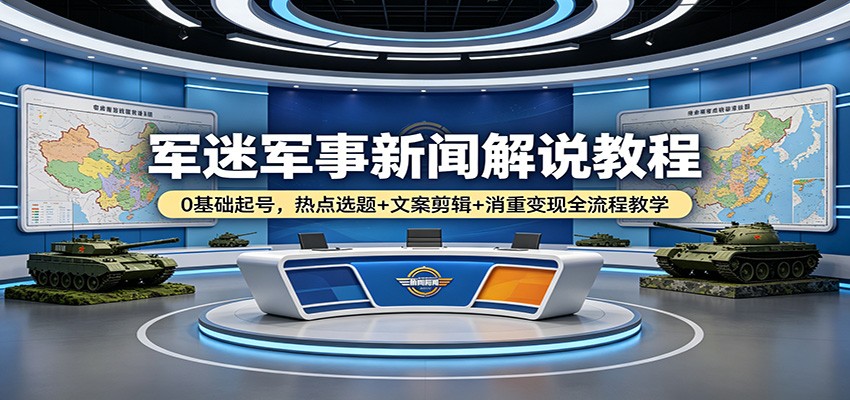 军迷军事新闻解说教程：0基础起号，热点选题+文案剪辑+消重变现全流程教学-资源社