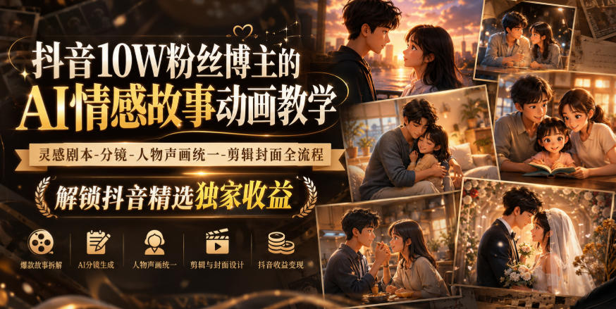 抖音10W粉丝博主的AI情感故事动画教学，灵感剧本‑分镜‑人物声画统一‑剪辑封面全流程，解锁抖音精选独家收益-资源社