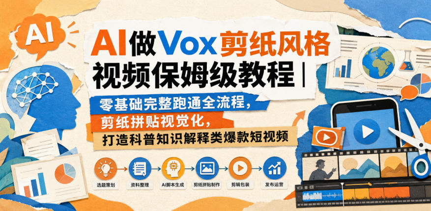 AI做Vox剪纸风格视频保姆级教程|零基础完整跑通全流程,剪纸拼贴视觉化,打造科普知识解释类爆款短视频-资源社