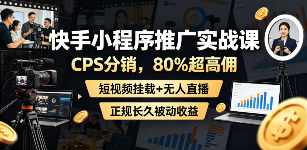 快手小程序推广实战课,CPS分销,80%超高佣,短视频挂载+无人直播,正规长久被动收益-资源社