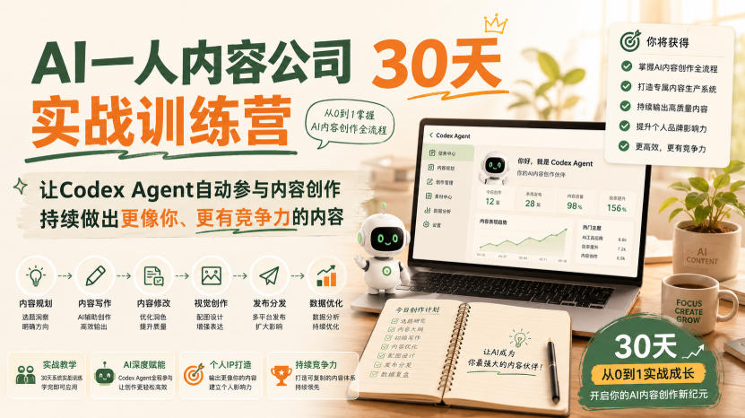 AI一人内容公司30天实战训练营,让Codex Agent自动参与内容创作持续做出更像你、更有竞争力的内容-资源社