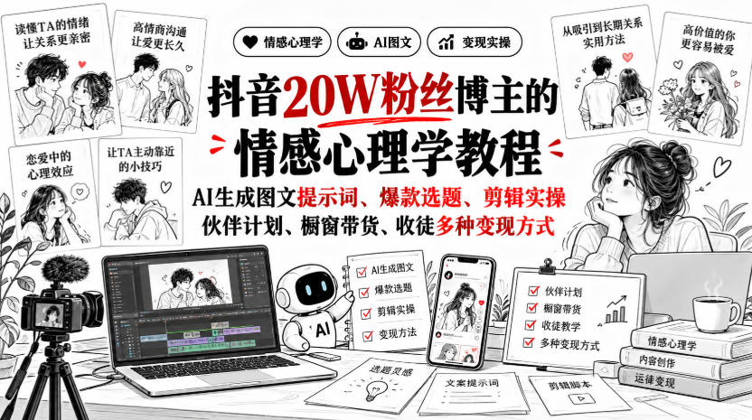 抖音20W粉丝博主静候心声的情感心理学教程，AI生成图文提示词、爆款选题、剪辑实操，伙伴计划、橱窗带货、收徒多种变现方式-资源社