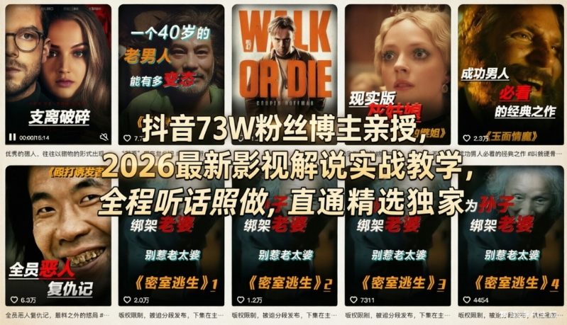 抖音73W粉丝博主亲授，2026最新影视解说实战教学，全程听话照做，直通精选独家-资源社