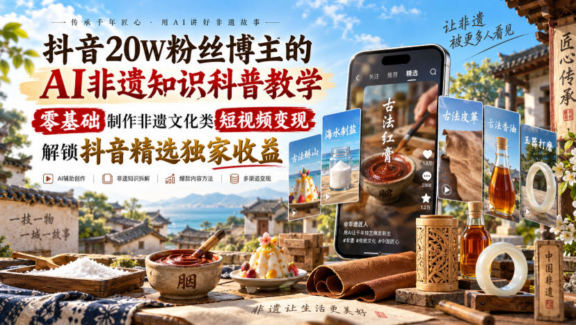 抖音20W粉丝博主的AI非遗知识科普教学,零基础制作非遗文化类短视频变现,解锁抖音精选独家收益-资源社