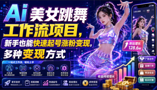 Ai美女跳舞工作流项目，新手也能快速起号涨粉变现，多种变现方式-资源社