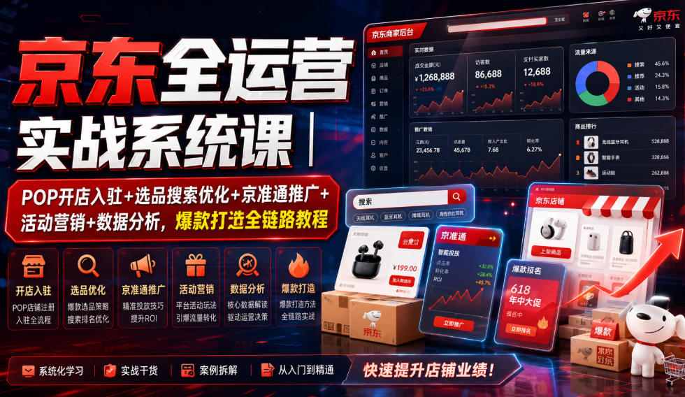 京东全运营实战系统课｜POP开店入驻+选品搜索优化+京准通推广+活动营销+数据分析，爆款打造全链路教程-资源社
