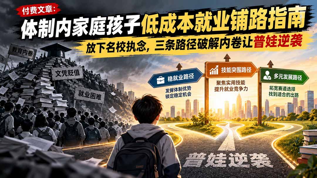 付费文章:体制内家庭孩子低成本就业铺路指南,放下名校执念,三条路径破解内卷让普娃逆袭-资源社