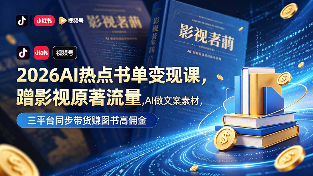 2026AI热点书单变现课，蹭影视原著流量，AI做文案素材，三平台同步带货赚图书高佣金-资源社