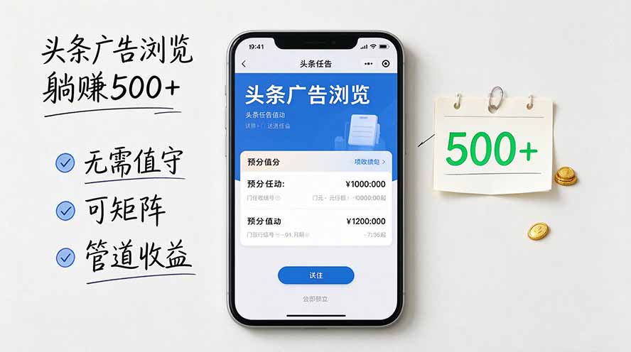 头条广告浏览躺赚500+无需值守,可矩阵并附有管道收益-资源社