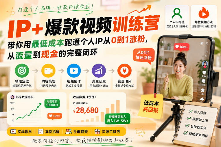 IP+爆款视频训练营，带你用最低成本跑通个人IP从0到1涨粉，从流量到现金的完整闭环-资源社