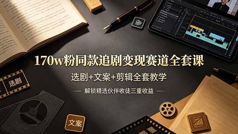 170w粉博主同款追剧变现赛道全套课，选剧+文案+剪辑全套教学，解锁精选伙伴收徒三重收益-资源社