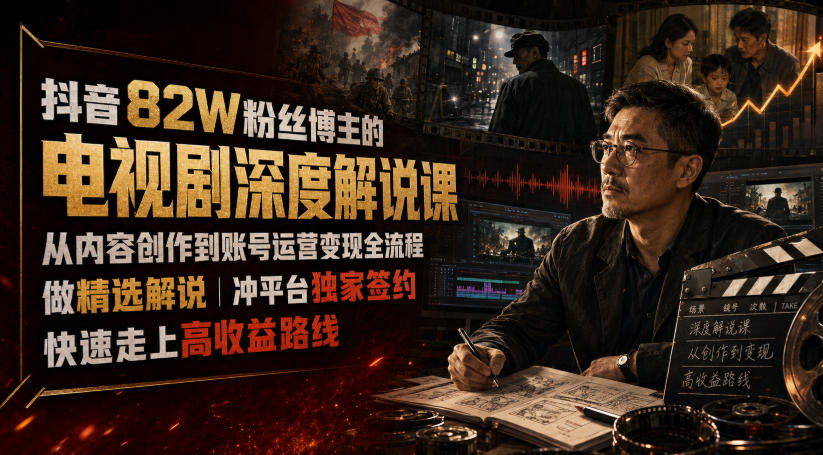 抖音82W粉丝博主的电视剧深度解说课，从内容创作到账号运营变现全流程，做精选解说，冲平台独家签约，快速走上高收益路线-资源社