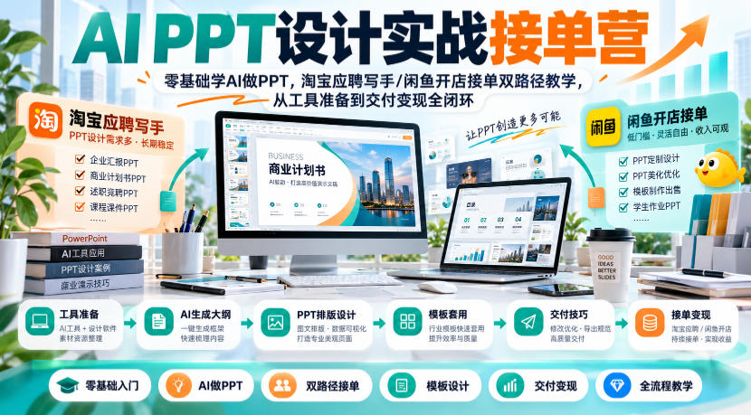 AI PPT设计实战接单营|零基础学AI做PPT,淘宝应聘写手/闲鱼开店接单双路径教学,从工具准备到交付变现全闭环-资源社
