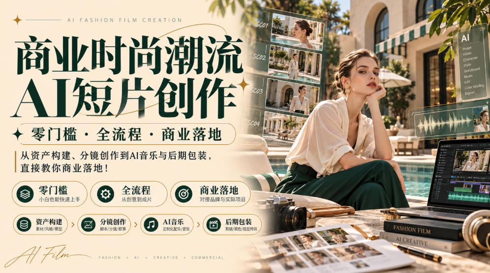 商业时尚潮流AI短片创作|零门槛・全流程・商业落地,从资产构建、分镜创作到AI音乐与后期包装,直接教你商业落地!-资源社