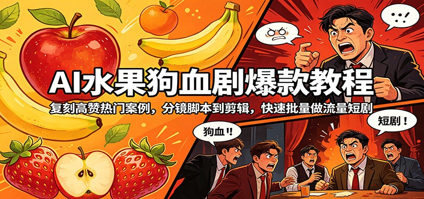 AI水果狗血剧爆款教程：复刻高赞热门案例，分镜脚本到剪辑，快速批量做流量短剧-资源社