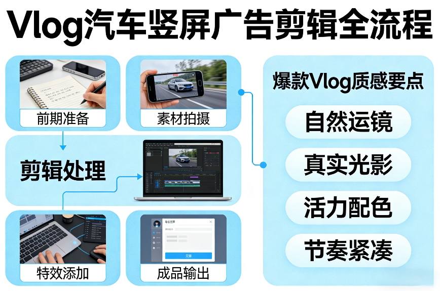 Vlog感觉汽车竖屏广告剪辑脚本全流程，拿捏爆款Vlog质感-资源社