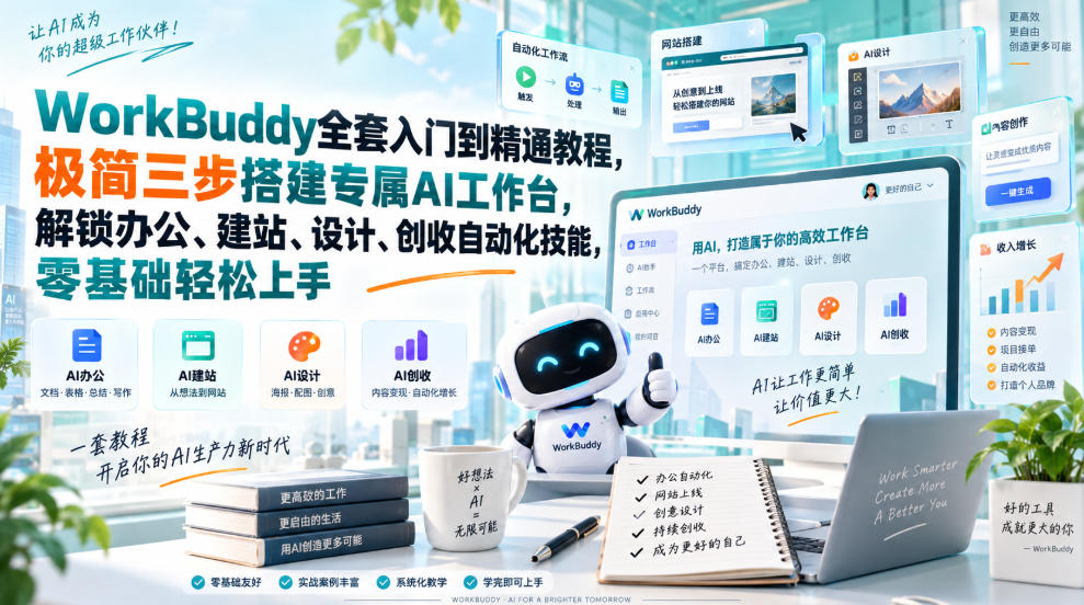 WorkBuddy全套入门到精通教程,极简三步搭建专属AI工作台,解锁办公、建站、设计、创收自动化技能,零基础轻松上手-资源社