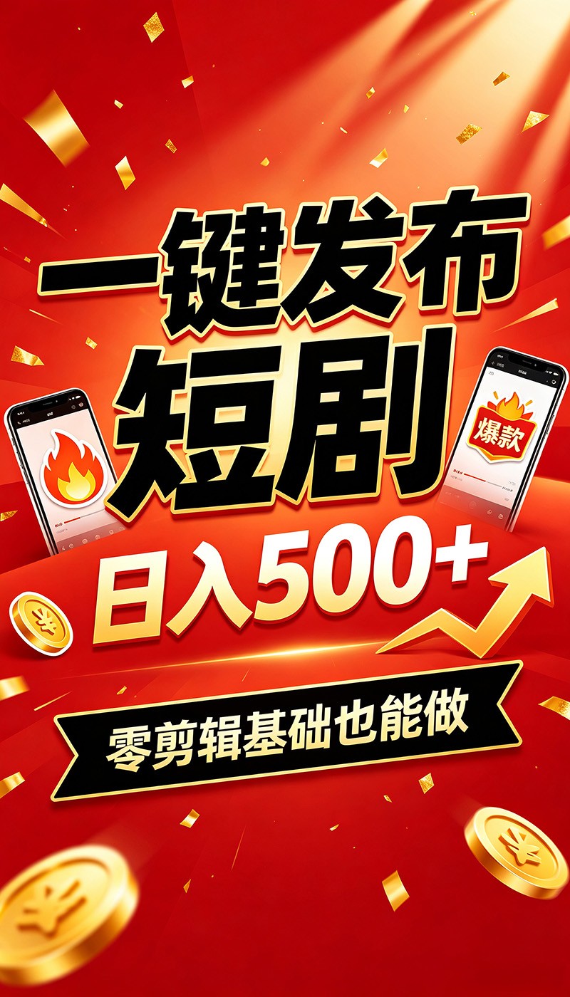 快手短剧一键发布,不用剪辑操作简单,副业日入500+。空闲时间轻松赚收益-资源社