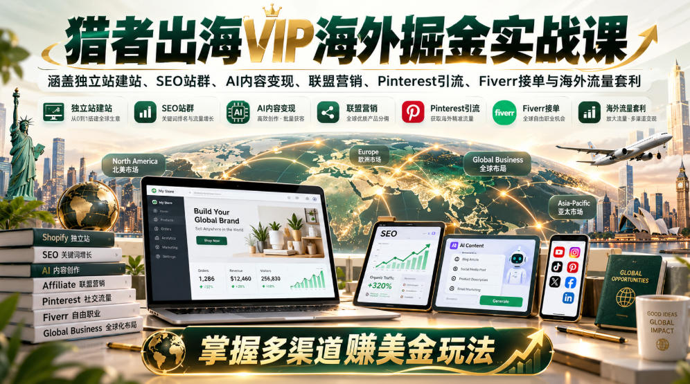 猎者出海VIP海外掘金实战课:涵盖独立站、SEO站群、AI变现、联盟营销、Pinterest引流、Fiverr接单与海外流量套利,掌握多渠道賺美金玩法-资源社