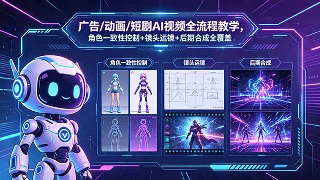 广告/动画/短剧AI视频全流程教学，角色一致性控制+镜头运镜+后期合成全覆盖-资源社