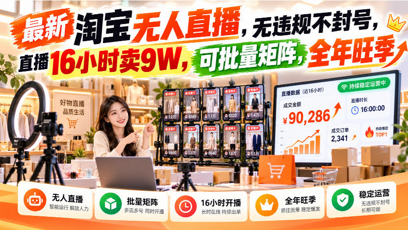 最新淘宝无人直播，无违规不封号，直播16小时卖9W，可批量矩阵，全年旺季【揭秘】-资源社
