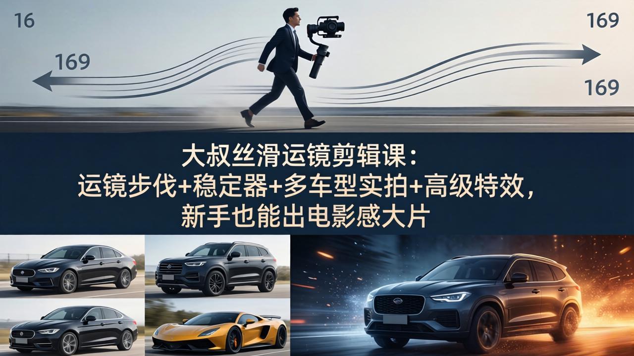 大叔丝滑运镜剪辑课：运镜步伐+稳定器+多车型实拍+高级特效，新手也能出电影感大片-资源社