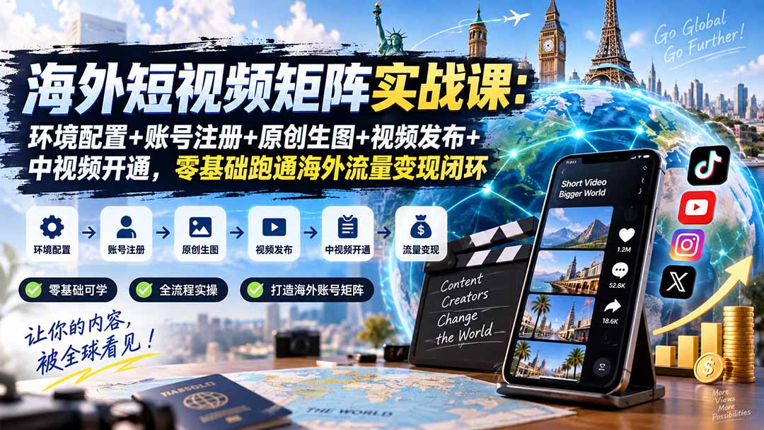 海外短视频矩阵实战课:环境配置+账号注册+原创生图+视频发布+中视频开通,零基础跑通海外流量变现闭环-资源社