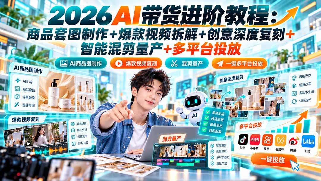 2026AI带货进阶教程：商品套图制作+爆款视频拆解+创意深度复刻+智能混剪量产+多平台投放-资源社