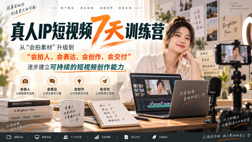 真人IP短视频7天训练营,从“会拍素材”升级到“会拍人、会表达、会创作、会交付”,逐步建立可持续的短视频创作能力-资源社