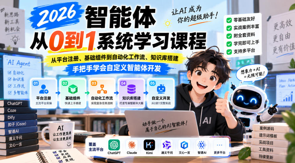 2026智能体从0到1系统学习课程，从平台注册、基础组件到自动化工作流、知识库搭建，手把手学会自定义智能体开发-资源社