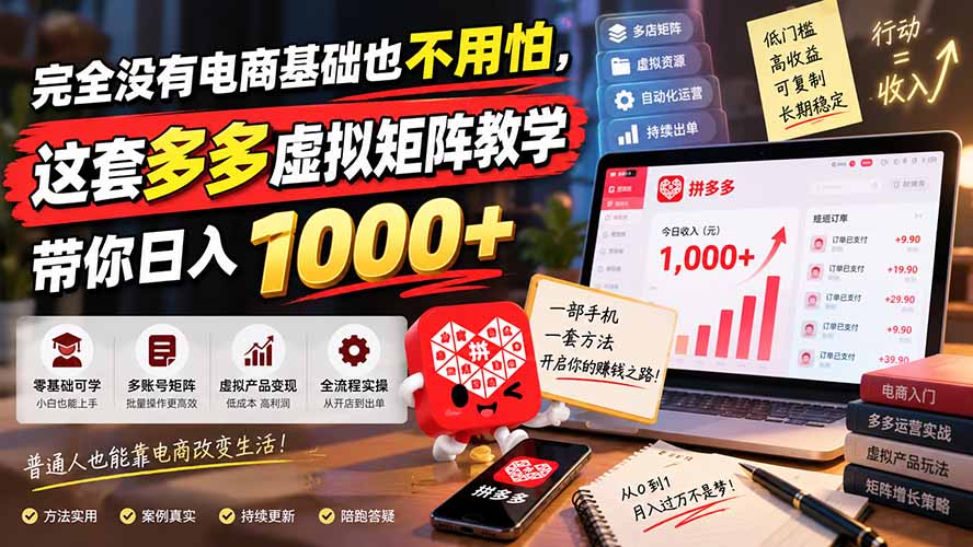 完全没有电商基础也不用怕,这套多多虚拟矩阵教学带你日入 1000+-资源社
