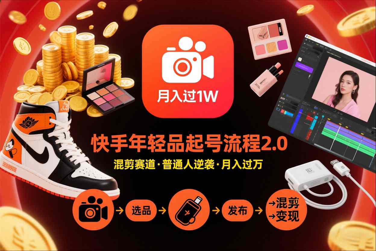 快手短视频带货年轻品起号流程2.0，快手年轻品混剪赛道，普通人也能月入过1W-资源社