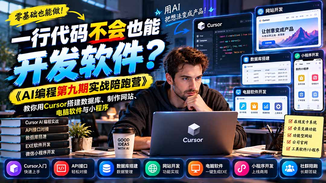 一行代码不会也能开发软件?《AI编程第九期实战陪跑营》教你用Cursor搭建数据库、制作网站、电脑软件与小程序-资源社