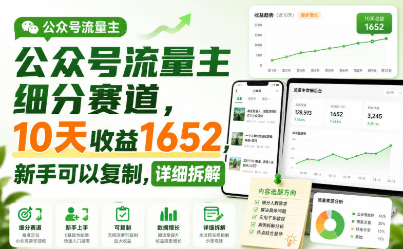 公众号流量主细分赛道，10天收益1652，新手可以复制，详细拆解-资源社