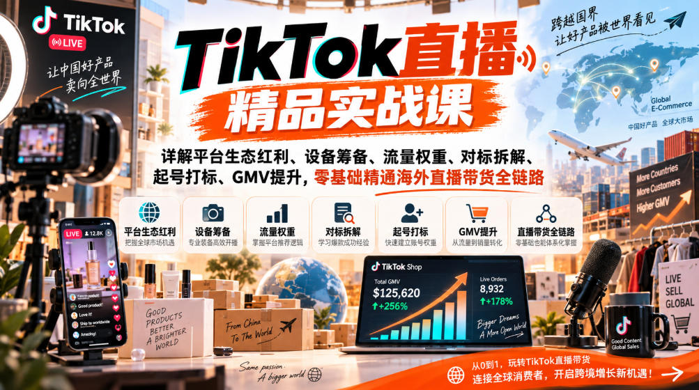 TikTok直播精品实战课，详解平台生态红利、设备筹备、流量权重、对标拆解、起号打标、GMV提升，零基础精通海外直播带货全链路-资源社
