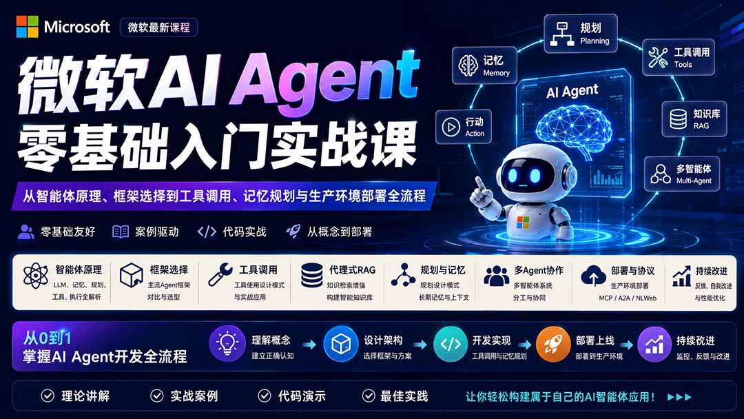 微软AI Agent零基础入门实战课:从智能体原理、框架选择到工具调用、记忆规划与生产环境部署全流程-资源社
