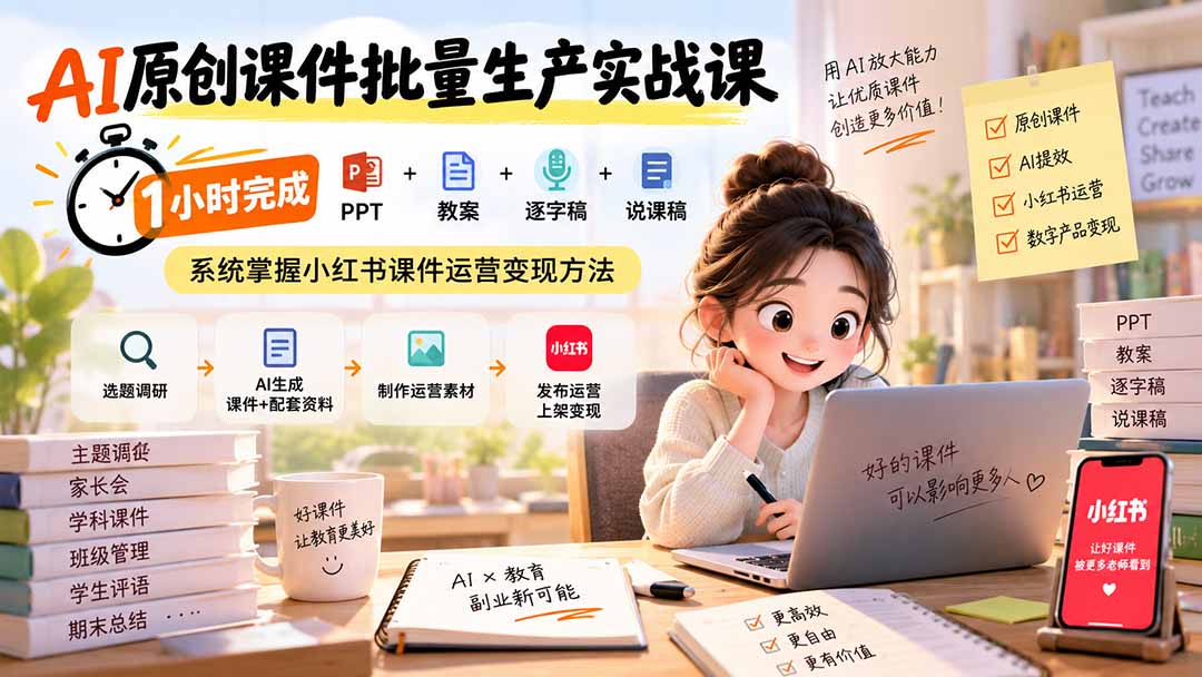 AI原创课件批量生产实战课：1小时完成PPT+教案+逐字稿+说课稿，系统掌握小红书课件运营变现方法-资源社