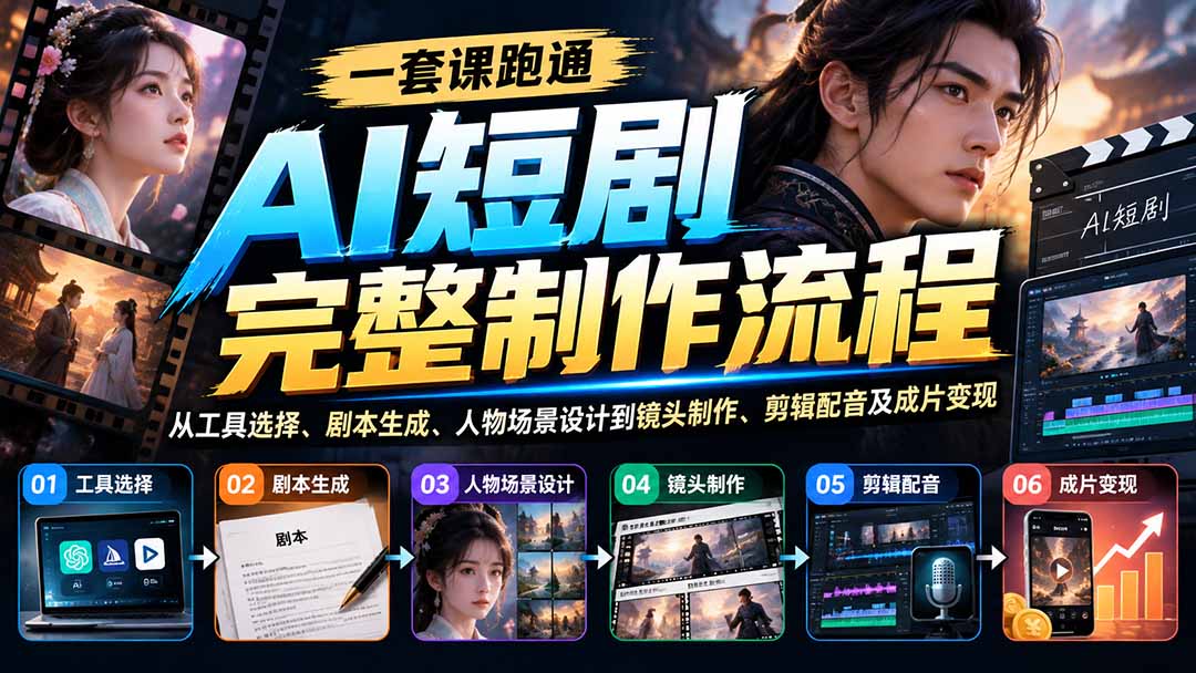 一套课跑通AI短剧完整制作流程：从工具选择、剧本生成、人物场景设计到镜头制作、剪辑配音及成片变现-资源社