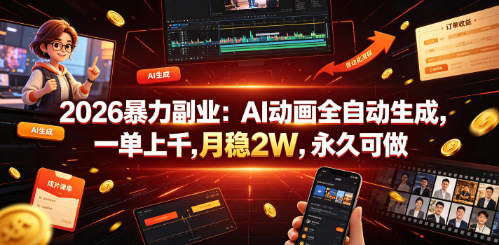 2026暴力副业：AI动画全自动生成，一单上千，月稳2W，永久可做【揭秘】-资源社
