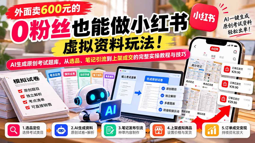 外面卖600元的 零粉丝也能做小红书虚拟资料玩法！AI生成原创考试题库，从选品、笔记引流到上架成交的完整实操教程-资源社
